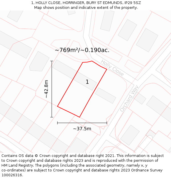 1, HOLLY CLOSE, HORRINGER, BURY ST EDMUNDS, IP29 5SZ: Plot and title map