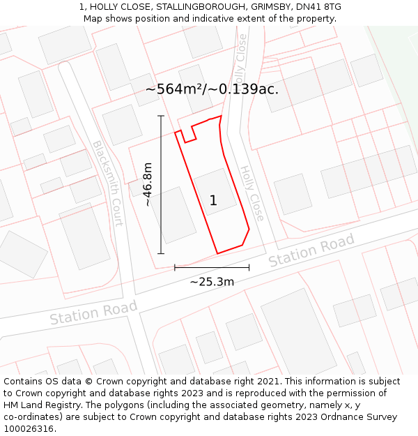 1, HOLLY CLOSE, STALLINGBOROUGH, GRIMSBY, DN41 8TG: Plot and title map