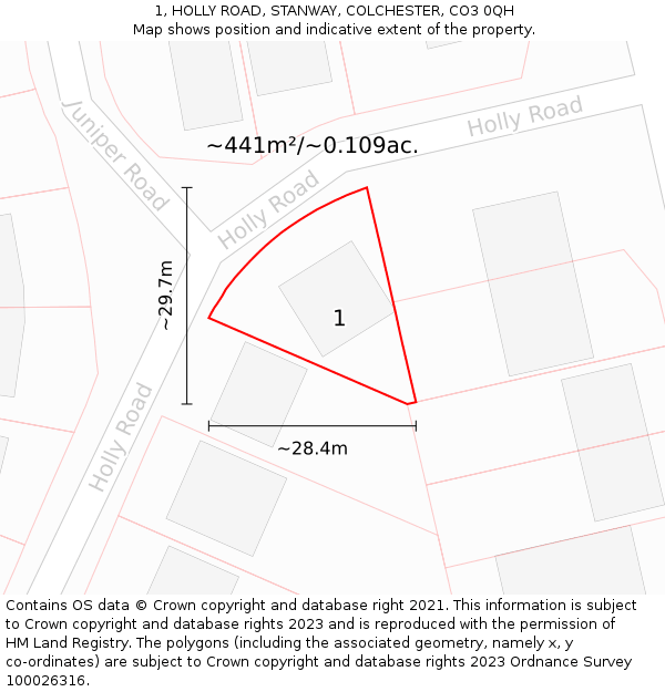 1, HOLLY ROAD, STANWAY, COLCHESTER, CO3 0QH: Plot and title map
