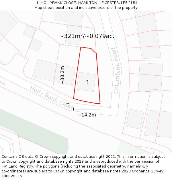 1, HOLLYBANK CLOSE, HAMILTON, LEICESTER, LE5 1UN: Plot and title map