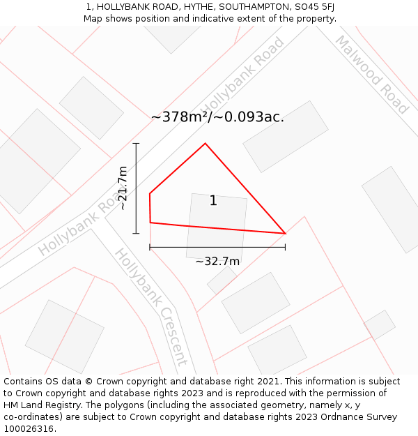 1, HOLLYBANK ROAD, HYTHE, SOUTHAMPTON, SO45 5FJ: Plot and title map