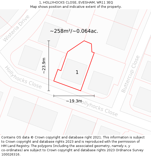 1, HOLLYHOCKS CLOSE, EVESHAM, WR11 3EQ: Plot and title map