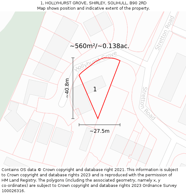 1, HOLLYHURST GROVE, SHIRLEY, SOLIHULL, B90 2RD: Plot and title map