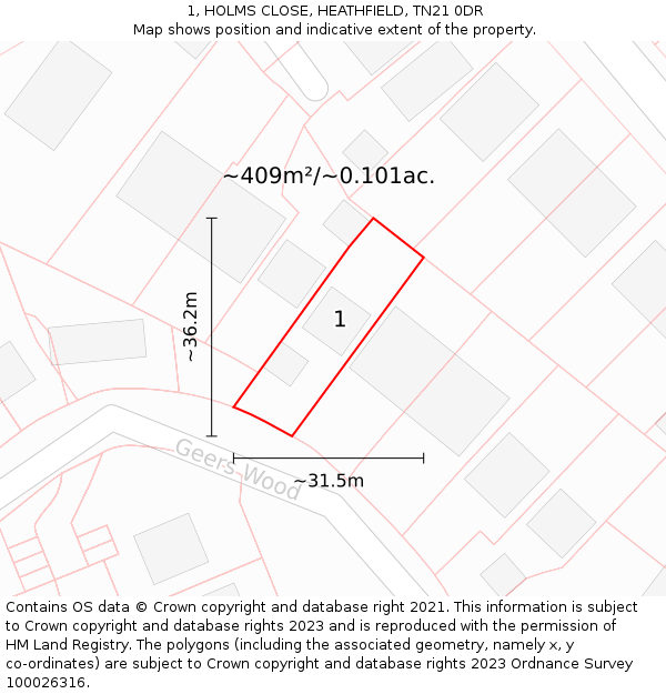 1, HOLMS CLOSE, HEATHFIELD, TN21 0DR: Plot and title map