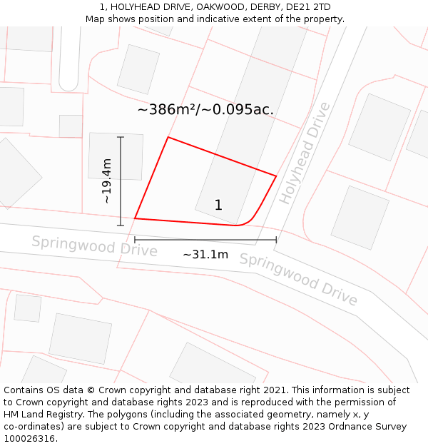 1, HOLYHEAD DRIVE, OAKWOOD, DERBY, DE21 2TD: Plot and title map