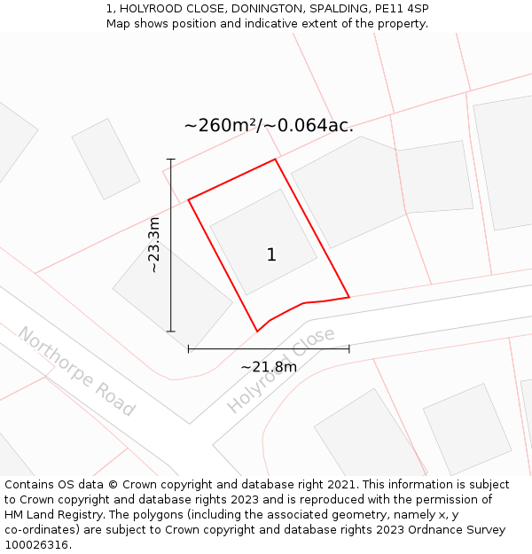 1, HOLYROOD CLOSE, DONINGTON, SPALDING, PE11 4SP: Plot and title map