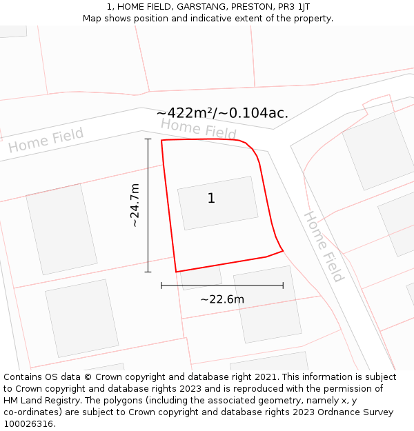1, HOME FIELD, GARSTANG, PRESTON, PR3 1JT: Plot and title map