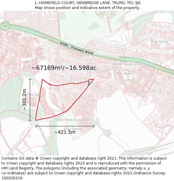 1, HOMEFIELD COURT, NEWBRIDGE LANE, TRURO, TR1 3JS: Plot and title map
