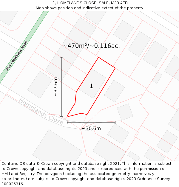 1, HOMELANDS CLOSE, SALE, M33 4EB: Plot and title map