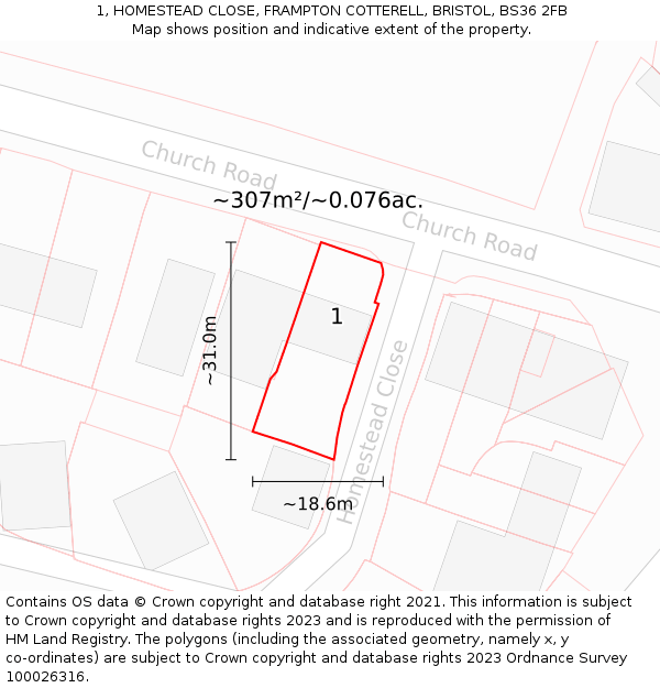 1, HOMESTEAD CLOSE, FRAMPTON COTTERELL, BRISTOL, BS36 2FB: Plot and title map