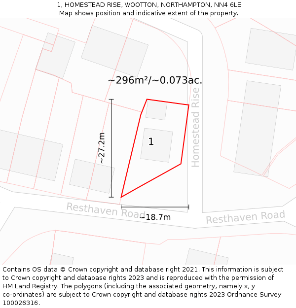 1, HOMESTEAD RISE, WOOTTON, NORTHAMPTON, NN4 6LE: Plot and title map