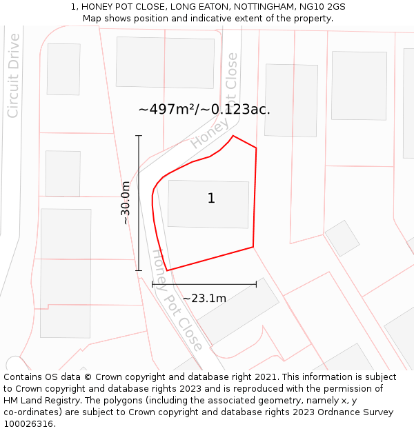 1, HONEY POT CLOSE, LONG EATON, NOTTINGHAM, NG10 2GS: Plot and title map