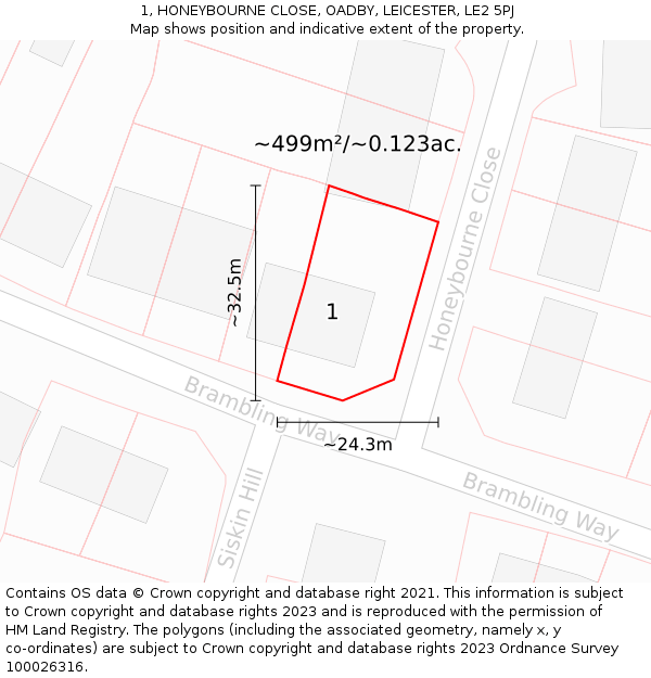 1, HONEYBOURNE CLOSE, OADBY, LEICESTER, LE2 5PJ: Plot and title map