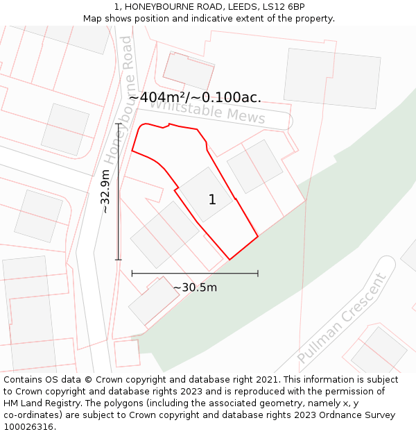 1, HONEYBOURNE ROAD, LEEDS, LS12 6BP: Plot and title map