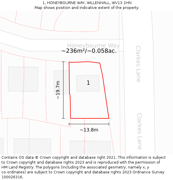 1, HONEYBOURNE WAY, WILLENHALL, WV13 1HN: Plot and title map
