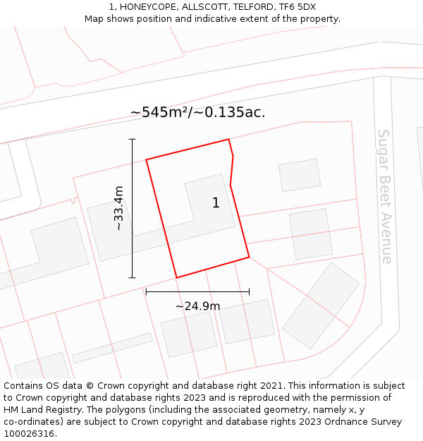 1, HONEYCOPE, ALLSCOTT, TELFORD, TF6 5DX: Plot and title map