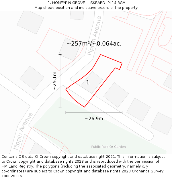 1, HONEYPIN GROVE, LISKEARD, PL14 3GA: Plot and title map