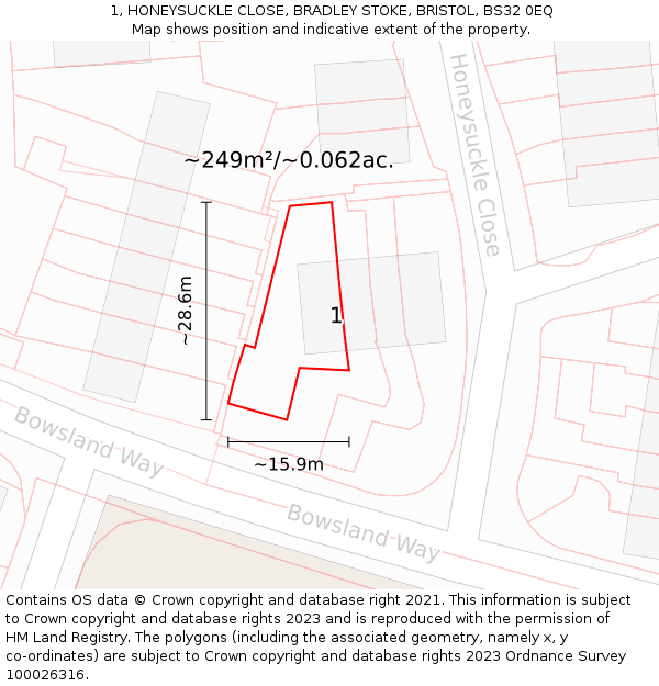 1, HONEYSUCKLE CLOSE, BRADLEY STOKE, BRISTOL, BS32 0EQ: Plot and title map