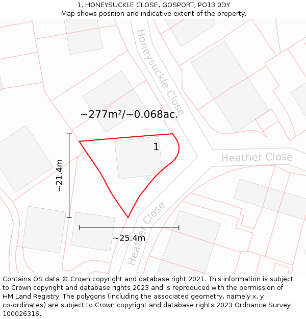 1, HONEYSUCKLE CLOSE, GOSPORT, PO13 0DY: Plot and title map