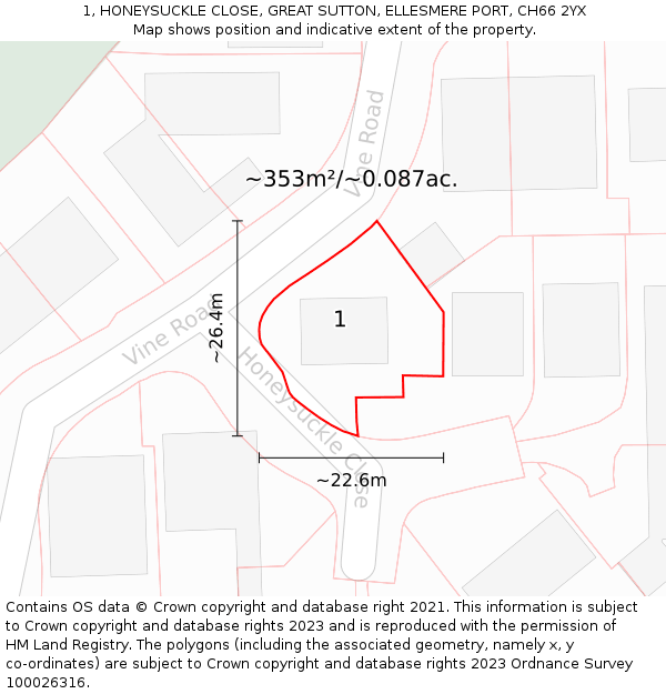 1, HONEYSUCKLE CLOSE, GREAT SUTTON, ELLESMERE PORT, CH66 2YX: Plot and title map