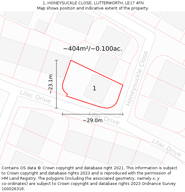 1, HONEYSUCKLE CLOSE, LUTTERWORTH, LE17 4FN: Plot and title map