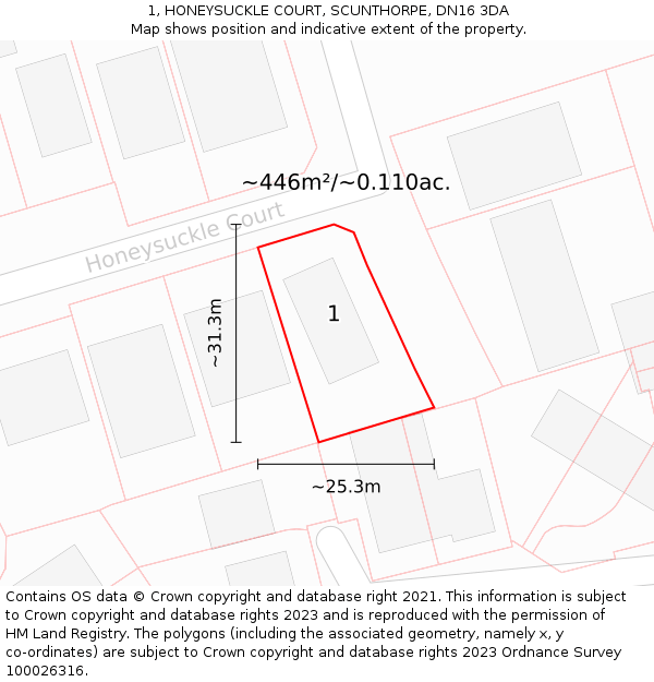1, HONEYSUCKLE COURT, SCUNTHORPE, DN16 3DA: Plot and title map