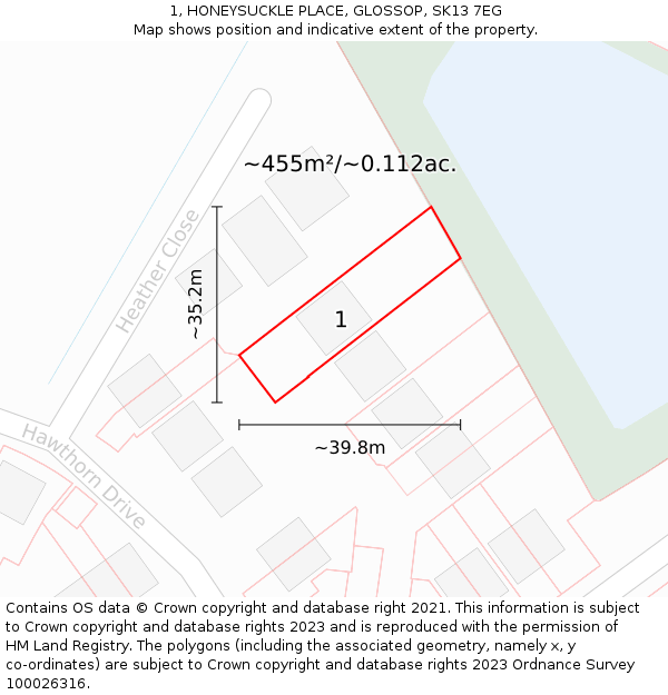 1, HONEYSUCKLE PLACE, GLOSSOP, SK13 7EG: Plot and title map