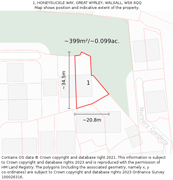 1, HONEYSUCKLE WAY, GREAT WYRLEY, WALSALL, WS6 6QQ: Plot and title map