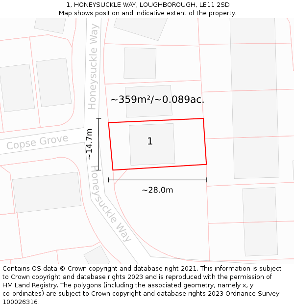 1, HONEYSUCKLE WAY, LOUGHBOROUGH, LE11 2SD: Plot and title map