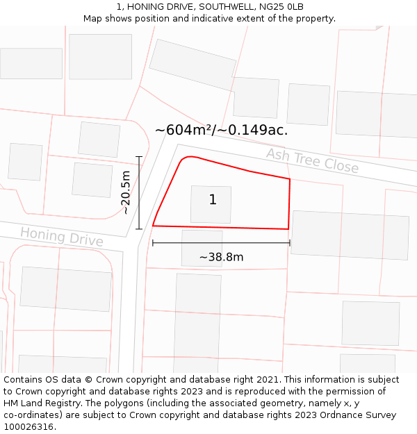 1, HONING DRIVE, SOUTHWELL, NG25 0LB: Plot and title map