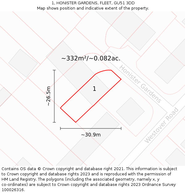 1, HONISTER GARDENS, FLEET, GU51 3DD: Plot and title map