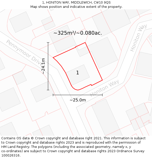 1, HONITON WAY, MIDDLEWICH, CW10 9QS: Plot and title map