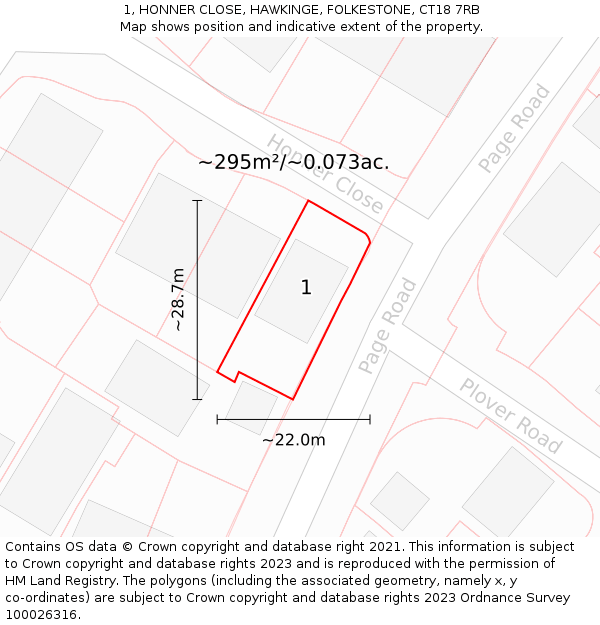 1, HONNER CLOSE, HAWKINGE, FOLKESTONE, CT18 7RB: Plot and title map