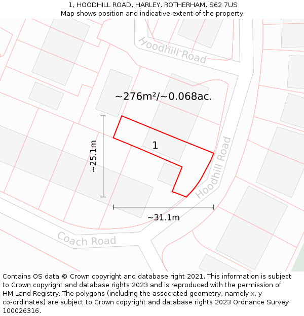 1, HOODHILL ROAD, HARLEY, ROTHERHAM, S62 7US: Plot and title map