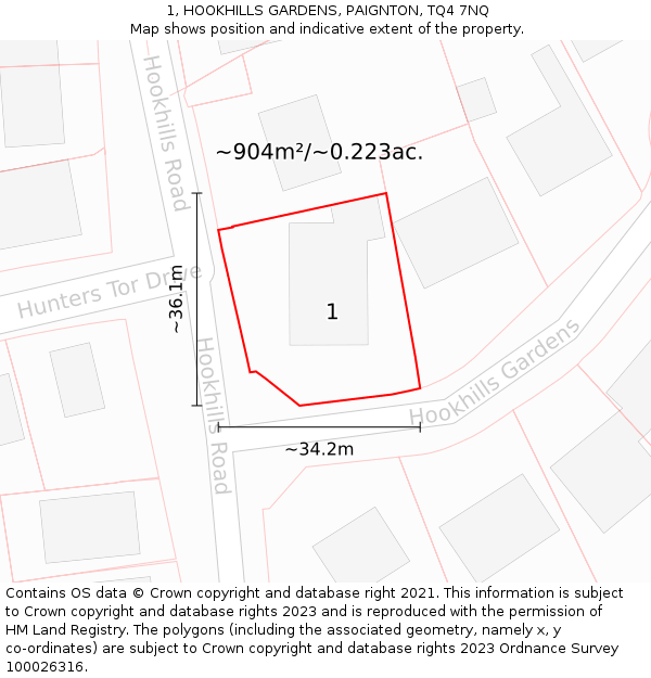 1, HOOKHILLS GARDENS, PAIGNTON, TQ4 7NQ: Plot and title map