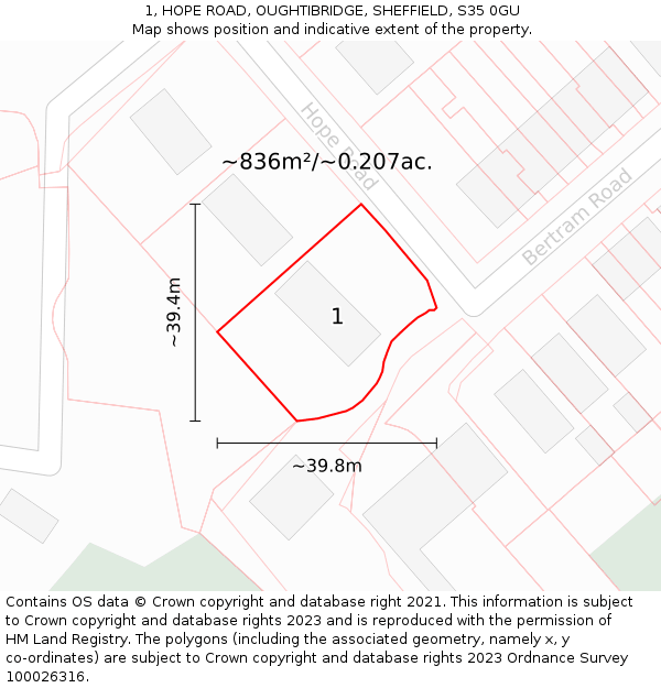 1, HOPE ROAD, OUGHTIBRIDGE, SHEFFIELD, S35 0GU: Plot and title map
