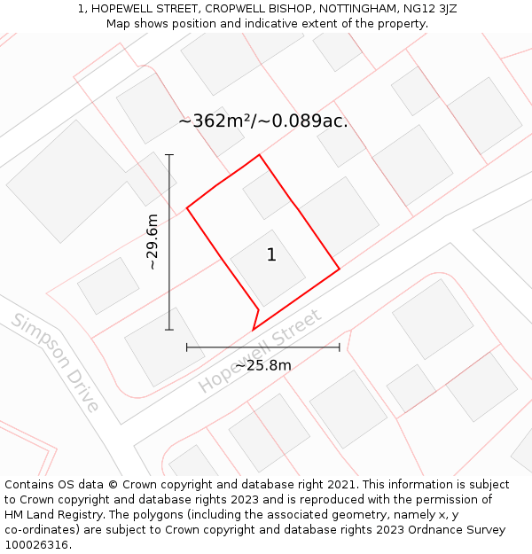 1, HOPEWELL STREET, CROPWELL BISHOP, NOTTINGHAM, NG12 3JZ: Plot and title map
