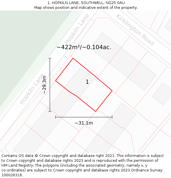 1, HOPKILN LANE, SOUTHWELL, NG25 0AU: Plot and title map