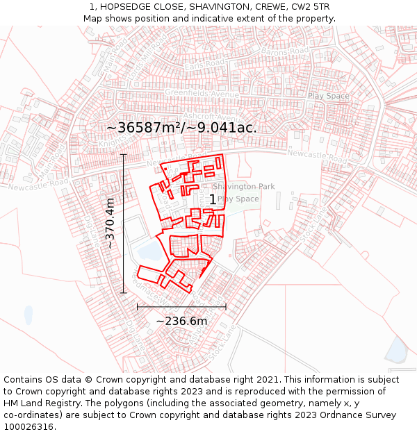 1, HOPSEDGE CLOSE, SHAVINGTON, CREWE, CW2 5TR: Plot and title map