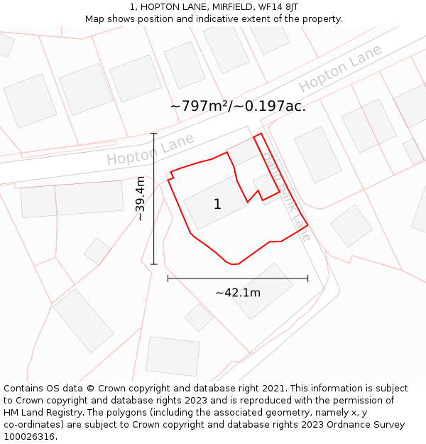1, HOPTON LANE, MIRFIELD, WF14 8JT: Plot and title map