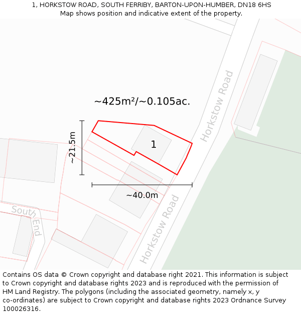 1, HORKSTOW ROAD, SOUTH FERRIBY, BARTON-UPON-HUMBER, DN18 6HS: Plot and title map