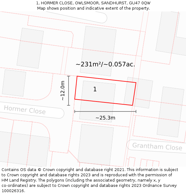1, HORMER CLOSE, OWLSMOOR, SANDHURST, GU47 0QW: Plot and title map