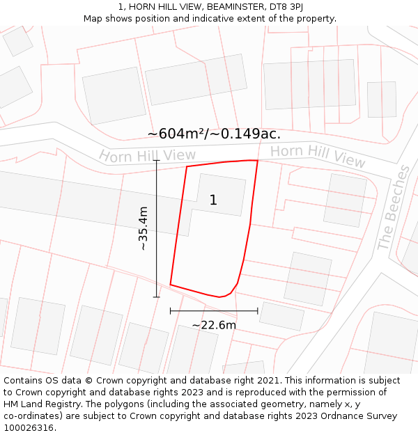 1, HORN HILL VIEW, BEAMINSTER, DT8 3PJ: Plot and title map