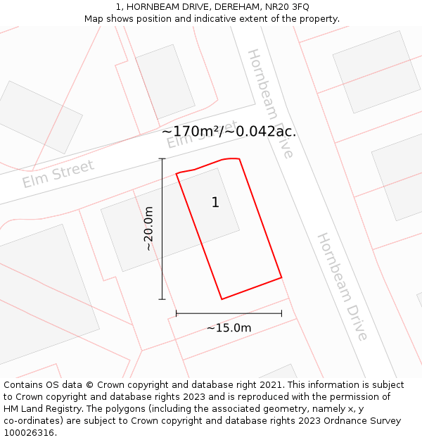 1, HORNBEAM DRIVE, DEREHAM, NR20 3FQ: Plot and title map