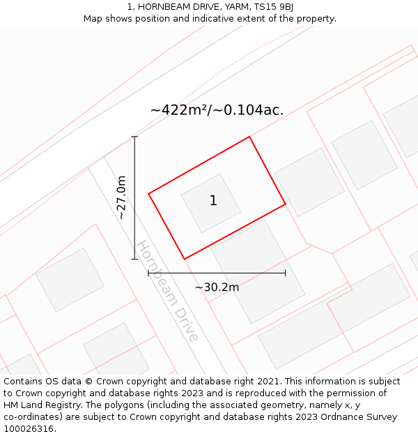 1, HORNBEAM DRIVE, YARM, TS15 9BJ: Plot and title map