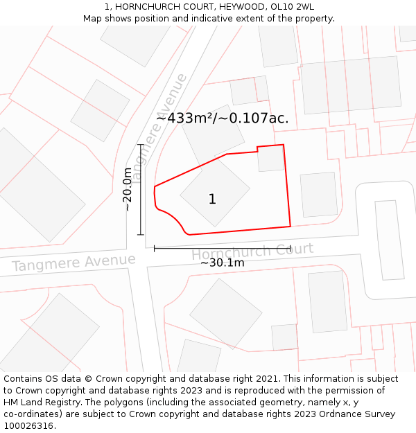 1, HORNCHURCH COURT, HEYWOOD, OL10 2WL: Plot and title map