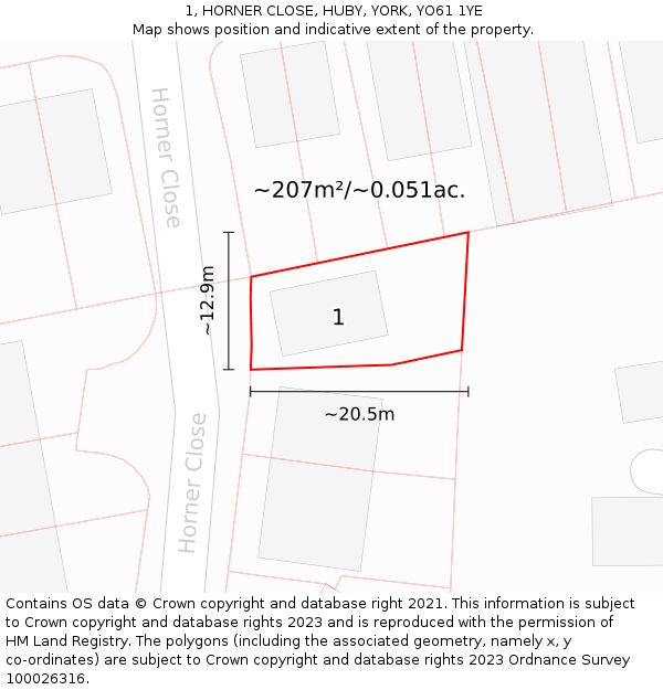 1, HORNER CLOSE, HUBY, YORK, YO61 1YE: Plot and title map