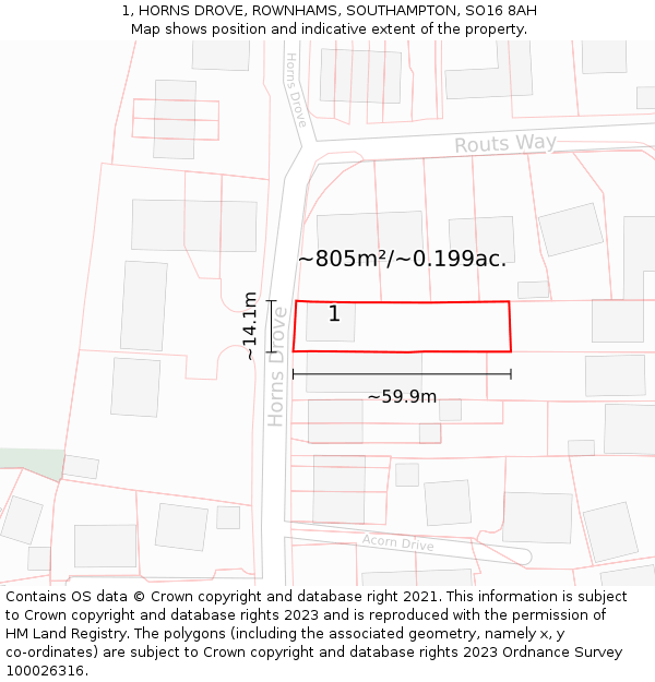 1, HORNS DROVE, ROWNHAMS, SOUTHAMPTON, SO16 8AH: Plot and title map