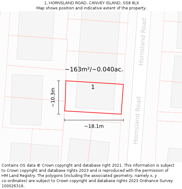 1, HORNSLAND ROAD, CANVEY ISLAND, SS8 8LX: Plot and title map