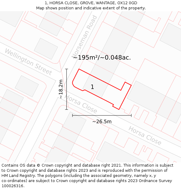 1, HORSA CLOSE, GROVE, WANTAGE, OX12 0GD: Plot and title map